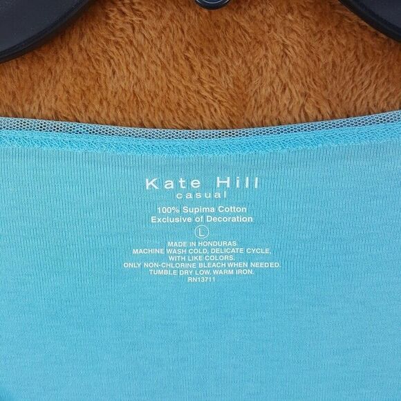 KATE HILL Womens Top Large Blue Pullover VNeck Mesh Trim Short Sleeve - Picture 2 of 6